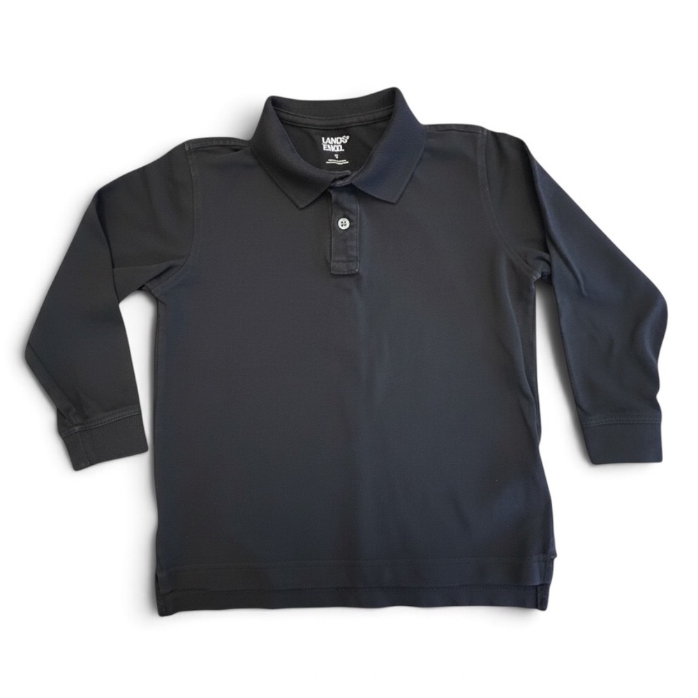 Lands' End Long Sleeve Polo Shirt Boys Medium 10-12 Black Pique 100% Cotton
